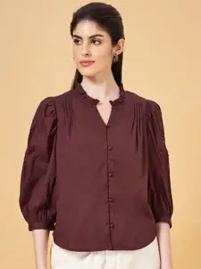 Honey by Pantaloons Pleated Detailed Mandarin Collar Puff Sleeves Cotton Shirt Style Top