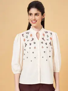Honey by Pantaloons Floral Embroidered Mandarin Collar Puff Sleeve Cotton Shirt Style Top