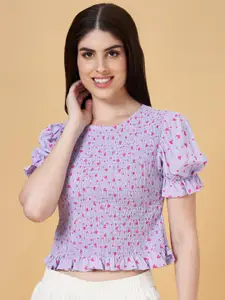 People Conversational Printed Smocked Fitted Top