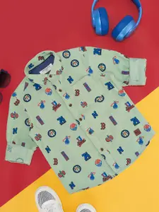 Pantaloons Junior Boys Conversational Printed Spread Collar Roll-Up Sleeves Casual Shirt