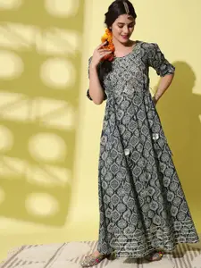 AAYUMI Ethnic Motifs Printed Puff Sleeves Embroidered Cotton Anarkali Maxi Ethnic Dress