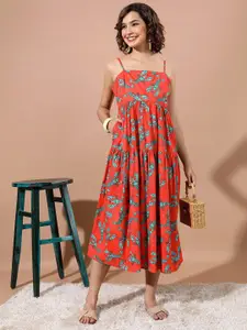 Vishudh Orange Conversational Printed Shoulder Straps Gathered Cotton A-Line Midi Dress