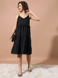 Vishudh Black Floral Embroidered Shoulder Straps Gathered Tiered A-Line Dress