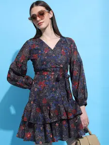 KETCH Floral Printed Puff Sleeve Tie-Up Fit & Flare Dress