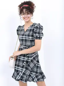KETCH Checked V-Neck Puff Sleeve Belted Monochrome Wrap Dress