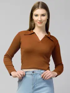 Trend Level Shirt Collar Fitted Crop Top