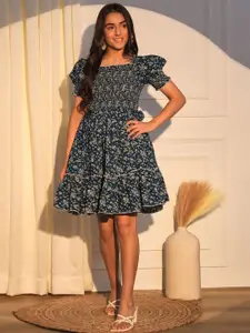 BAESD Girls Floral Printed Puff Sleeves Fit & Flare Dress