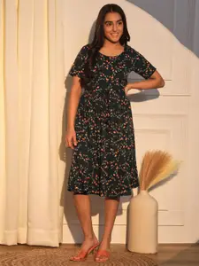 BAESD Girls Conversational Printed Round Neck Fit & Flare Pleated Midi Dress