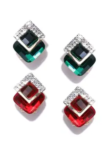 DressBerry Set Of 2 Gold-Plated Artificial Stones Studded Diamond-Shaped Studs