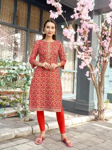 Anouk Floral Printed Round Neck Cotton Straight Kurta
