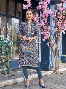 Anouk Ethnic Motifs Printed Mandarin Collar Indigo Straight Kurta