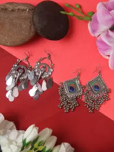 Rang Gali Set Of 2 Silver-Plated Oxidised Contemporary Drop Earrings
