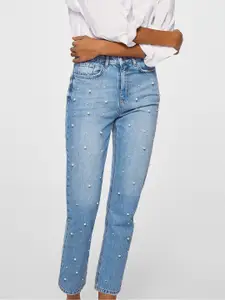 MANGO Women Blue Embellished Regular Fit Mid-Rise Clean Look Jeans