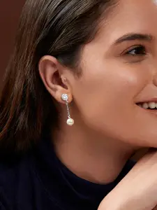 MINUTIAE Silver-Plated Pearls Studded Drop Earrings