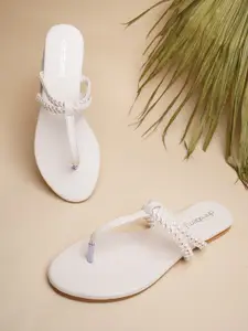 DressBerry White Braided Open Toe T-Strap Flats