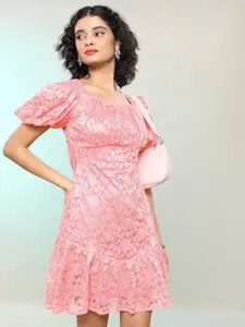 KETCH Self Design Sweetheart Neck Puff Sleeves Gathered Empire Dress