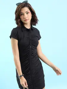 KETCH Black Gathered Fitted Shirt Dress