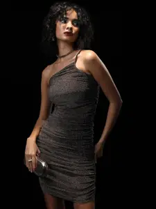 KETCH Self Design One Shoulder Embellished Bling & Sparkly Ruched Bodycon Dress