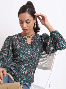 Tokyo Talkies Green Ethnic Motifs Print Keyhole Neck Puff Sleeve Top
