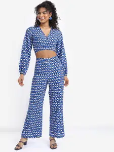 Tokyo Talkies Geometric Printed Back Tie Up Top With Trousers