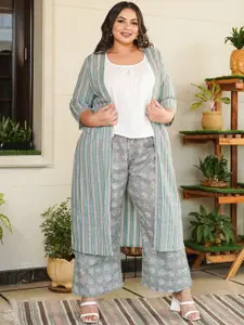 NANGALIA RUCHIRA Plus Size Printed Pure Cotton Top With Trousers & Jacket
