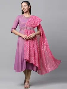 AURELIA Floral Embroidered A-Line Zari Kurta With Printed Dupatta