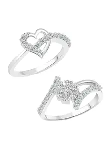 Vighnaharta Set Of 2 Rhodium-Plated Cubic Zirconia-Studded Finger Ring