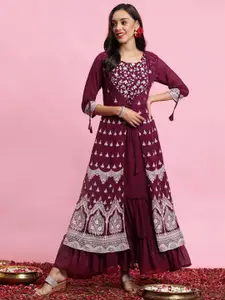 Indo Era Floral Embroidered Layered Georgette Maxi Ethnic Dress