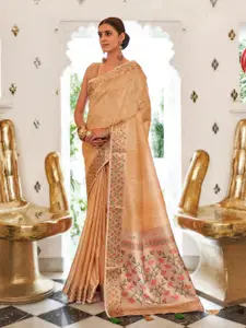 Saree mall Cream Color Floral Zari Silk Blend Sungudi Sarees