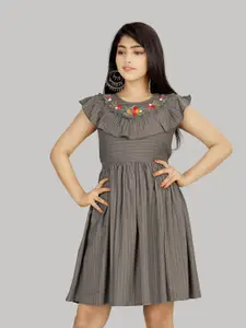 R K MANIYAR Girls Striped Flutter Sleeve Embroidered Fit & Flare Above Knee Dress