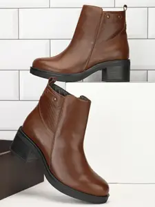 DressBerry Women Brown Heeled Mid-Top Chunky Boots