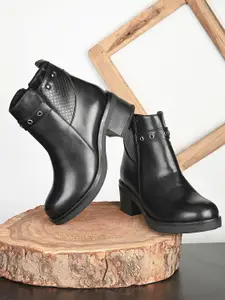 DressBerry Women Black Heeled Mid-Top Chunky Boots