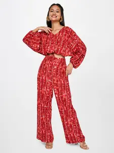 Global Desi Printed V-Neck Crop Top With Palazzos