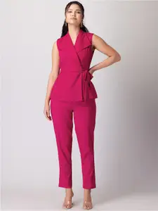 FabAlley Lapel Collar Sleeveless Belted Top & Trousers