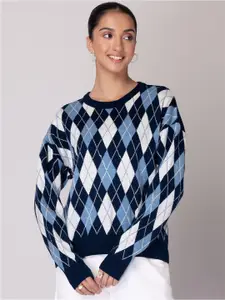 FabAlley Argyle Printed Drop-Shoulder Sleeves Sweater