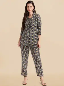 KALINI Floral Printed Pure Cotton Top & Jacket With Trouser