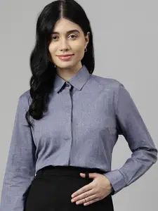 English Navy Standard Spread Collar Concealed Button Placket Cotton Formal Shirt