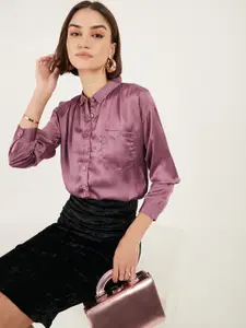 DressBerry Purple Opaque Satin Casual Shirt