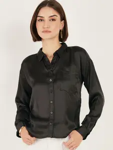 DressBerry Black Opaque Satin Casual Shirt