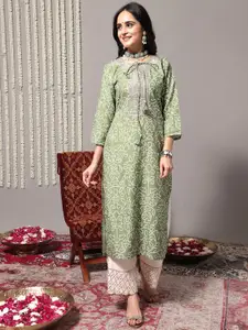 Varanga Cotton Ethnic Motifs Printed Tie Up Neck Thread Work Kurta