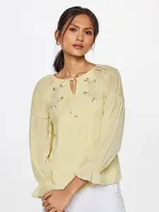 AND Embellished Tie-Up Neck Smocked Puff Sleeves Top