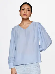 AND V-Neck Gathered Cuffed Sleeves Top