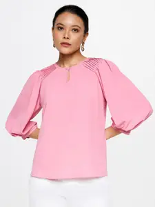AND Keyhole Neck Puff Sleeves Pleated Top