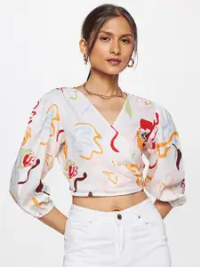 AND Abstract Printed Puff Sleeves Linen Wrap Crop Top