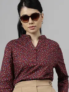 Hancock Paisley Ethnic Motifs Printed Mandarin Collar Cotton Shirt Style Top