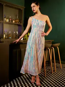 ASPORA Abstract Printed One Shoulder Embellished Maxi Dress