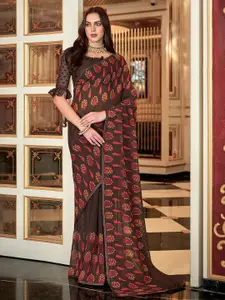 Saree mall Brown Ethnic Motifs Embroidered Poly Georgette Bagh Sarees