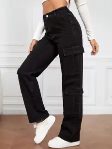 BROADSTAR Women Black Smart Wide Leg High-Rise Slash Knee Stretchable Jeans