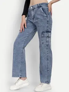 BROADSTAR Women Smart Wide Leg High-Rise Clean Look Heavy Fade Stretchable Cargo Jeans