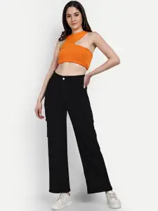 BROADSTAR Women Black Smart Wide Leg High-Rise Stretchable Cargo Jeans